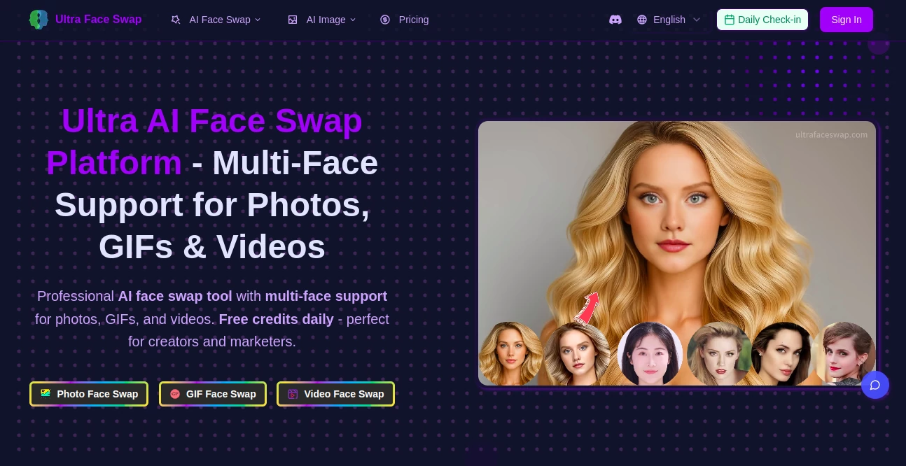 Screenshot of Ultra Face Swap – An AI tool in the ,Photo & Image Editor ,AI Image to Image ,AI Face Swap Generator ,AI Video Editor  category, showcasing its interface and key features.