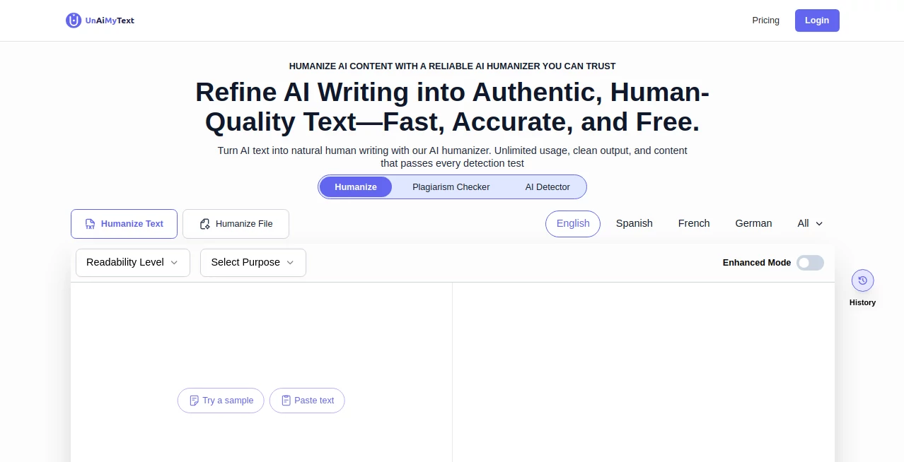 Screenshot of Un AI my text – An AI tool in the ,AI Copywriting ,AI Rewriter ,AI Writing Assistants ,AI Content Generator  category, showcasing its interface and key features.