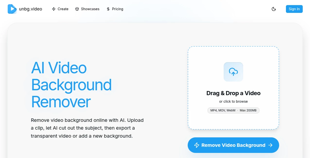 Screenshot of unbg.video – An AI tool in the ,AI Background Remover ,AI Image to Video ,AI Video Editor ,AI Video Enhancer  category, showcasing its interface and key features.
