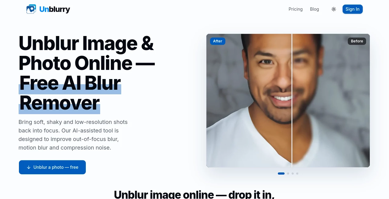 Screenshot of Unblurry – An AI tool in the ,Photo & Image Editor ,AI Photo Enhancer ,AI Photography ,AI Image to Image  category, showcasing its interface and key features.