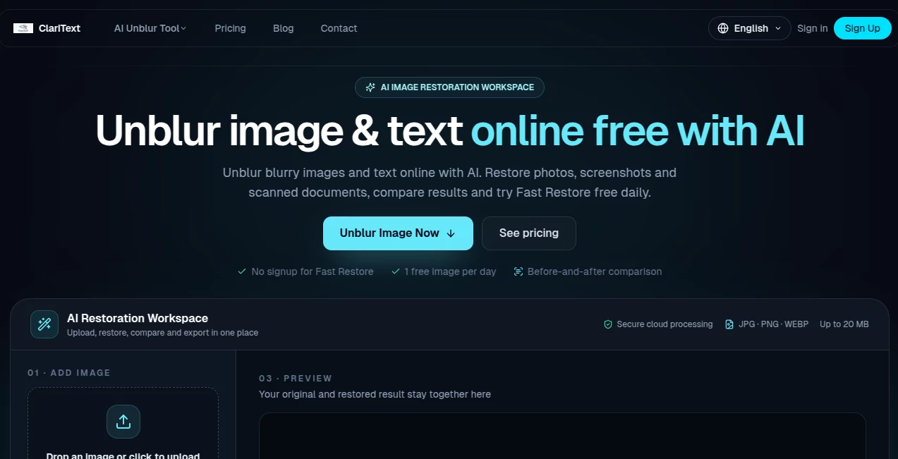 Screenshot of ClariText – An AI tool in the ,Photo & Image Editor ,AI Photo Enhancer ,AI Photo Restoration ,AI Image to Image  category, showcasing its interface and key features.