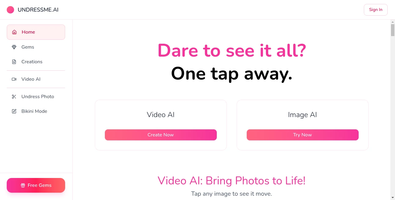 Screenshot of UndressMe AI – An AI tool in the ,AI Photo & Image Generator ,AI Image to Image ,AI Face Swap Generator  category, showcasing its interface and key features.