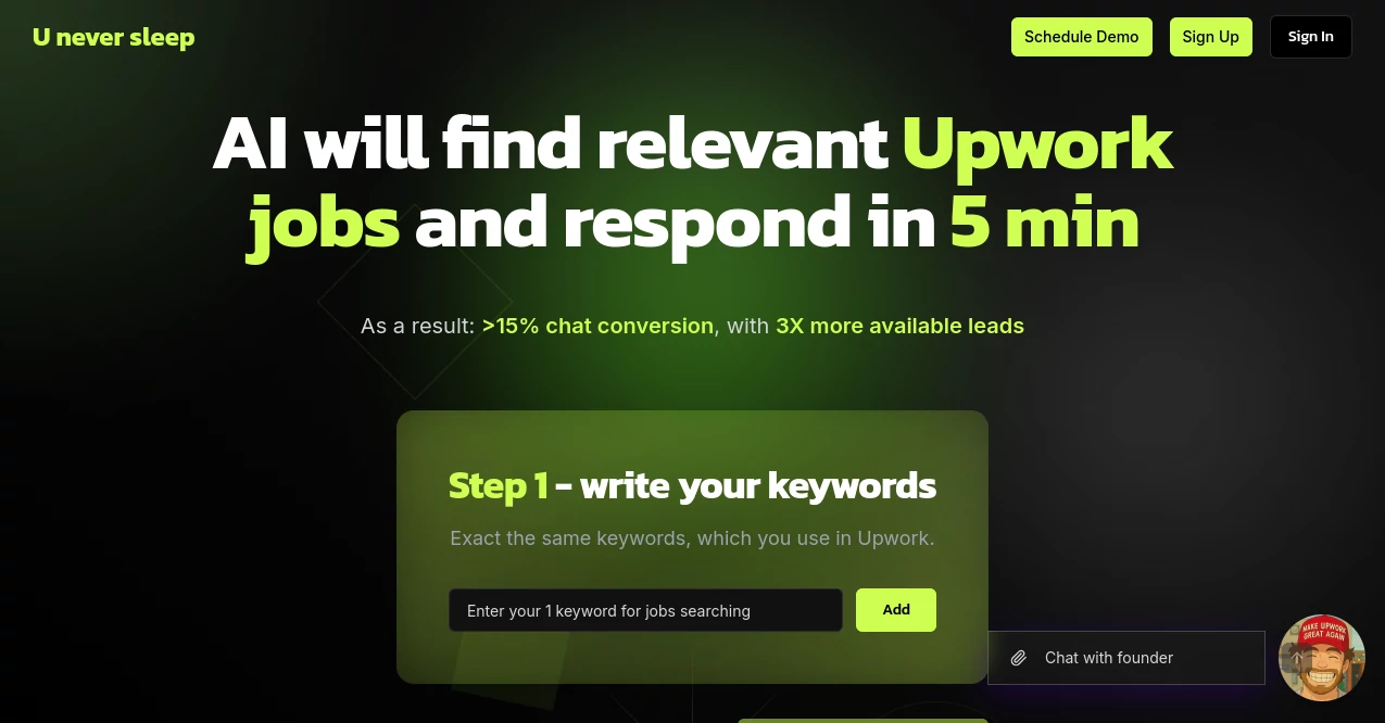Screenshot of U never sleep – An AI tool in the ,AI Lead Generation ,AI Productivity Tools ,AI Task Management ,AI Response Generator  category, showcasing its interface and key features.