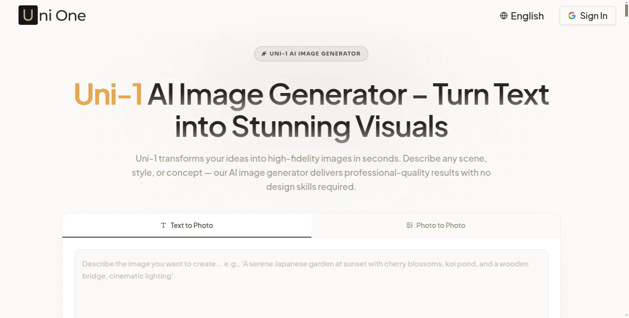 Screenshot of Uni-1 – An AI tool in the ,AI Photo & Image Generator ,AI Art Generator ,AI Design Generator ,AI Text to Image  category, showcasing its interface and key features.