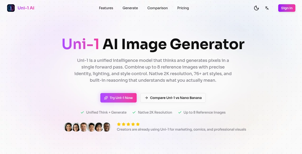 Screenshot of Uni-1 – An AI tool in the ,AI Photo & Image Generator ,AI Art Generator ,AI Design Generator ,AI Image to Image  category, showcasing its interface and key features.