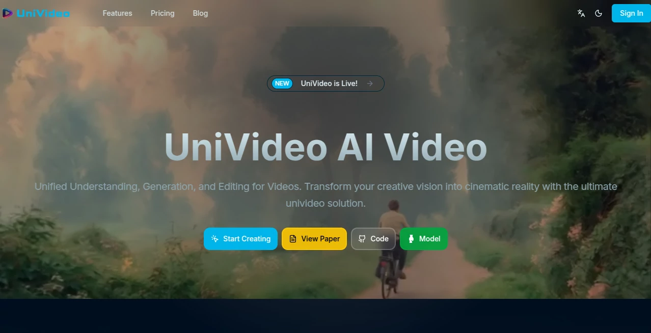 Screenshot of UniVideo – An AI tool in the ,AI Animated Video ,AI Image to Video ,AI Video Generator ,AI Text to Video  category, showcasing its interface and key features.