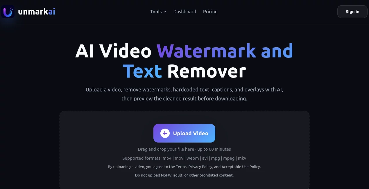 Screenshot of UnmarkAI – An AI tool in the ,Photo & Image Editor ,AI Image to Image ,AI Video Editor ,AI Video Generator  category, showcasing its interface and key features.