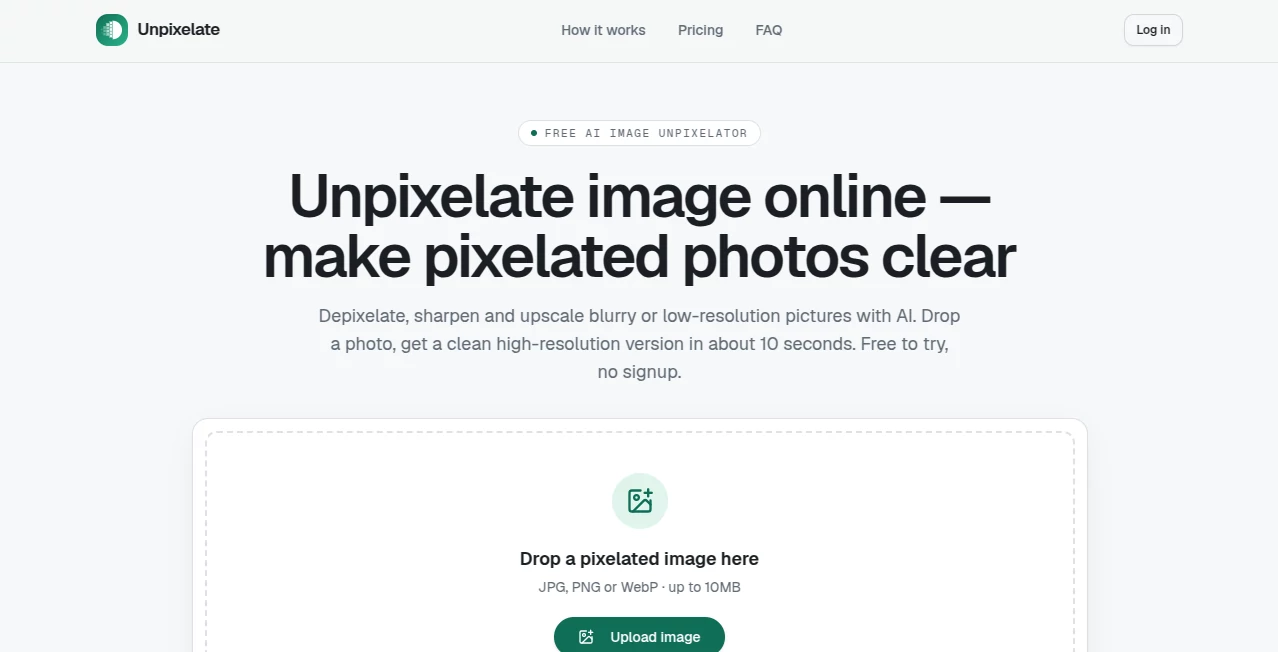 Screenshot of Unpixelate – An AI tool in the ,AI Photo Enhancer ,AI Photo Restoration ,AI Photography ,AI Image to Image  category, showcasing its interface and key features.
