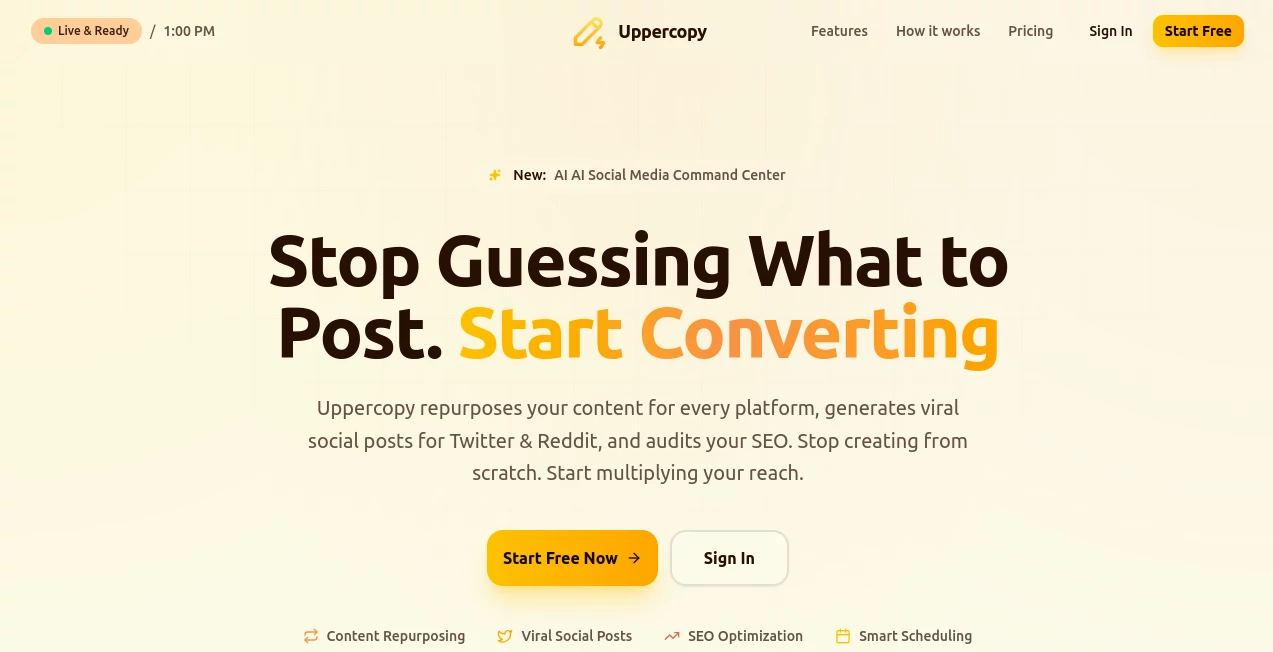 Screenshot of Uppercopy – An AI tool in the ,AI Content Generator ,AI SEO Assistant ,AI Social Media Assistant ,AI Repurpose Assistant  category, showcasing its interface and key features.