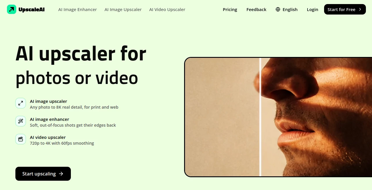 Screenshot of UpscaleAI – An AI tool in the ,Photo & Image Editor ,AI Photo Enhancer ,AI Photo Restoration ,AI Video Enhancer  category, showcasing its interface and key features.