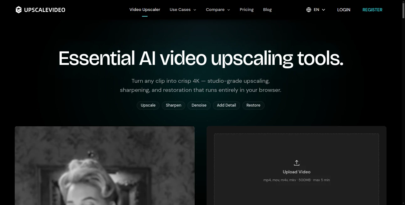 Screenshot of UPSCALEVIDEO – An AI tool in the ,AI Video Editor ,AI Video Enhancer ,Video  category, showcasing its interface and key features.