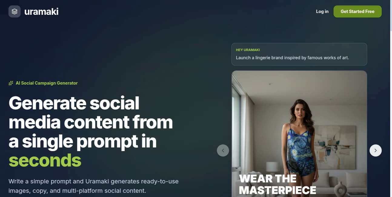Screenshot of Uramaki – An AI tool in the ,AI Content Generator ,AI Social Media Assistant ,AI Ad Creative Assistant ,AI Digital Marketing Generator  category, showcasing its interface and key features.