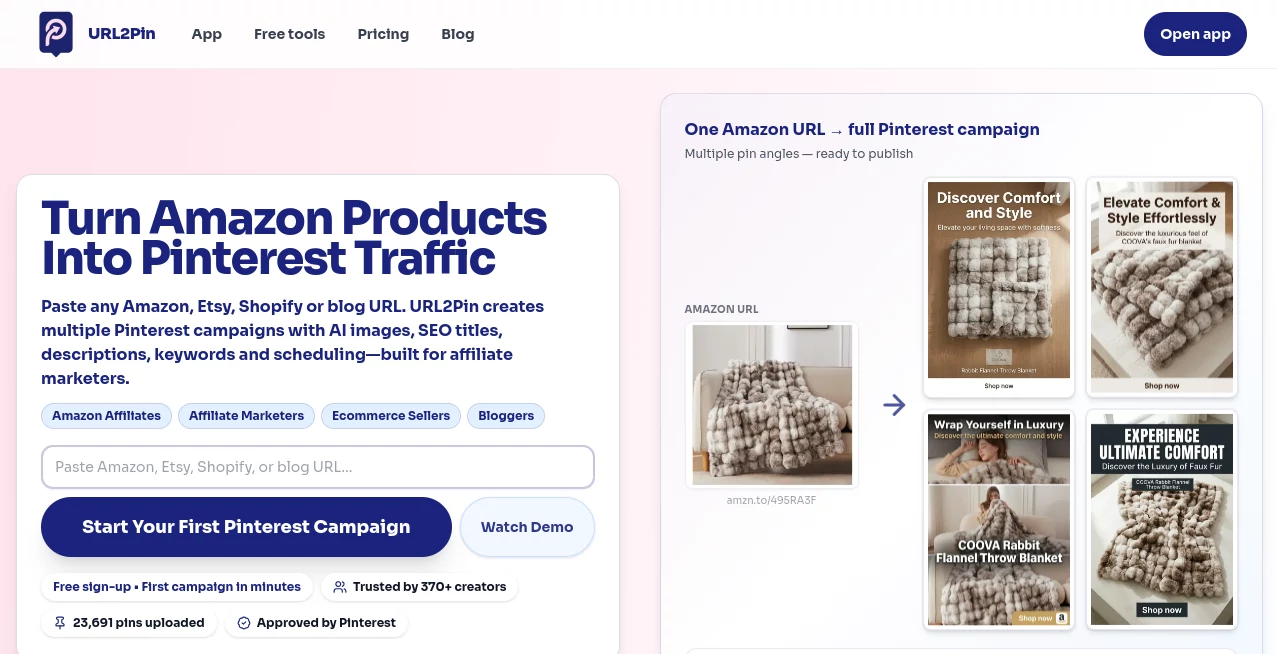 Screenshot of URL2Pin – An AI tool in the ,AI Content Generator ,AI SEO Assistant ,AI Social Media Assistant ,AI Marketing Plan Generator  category, showcasing its interface and key features.