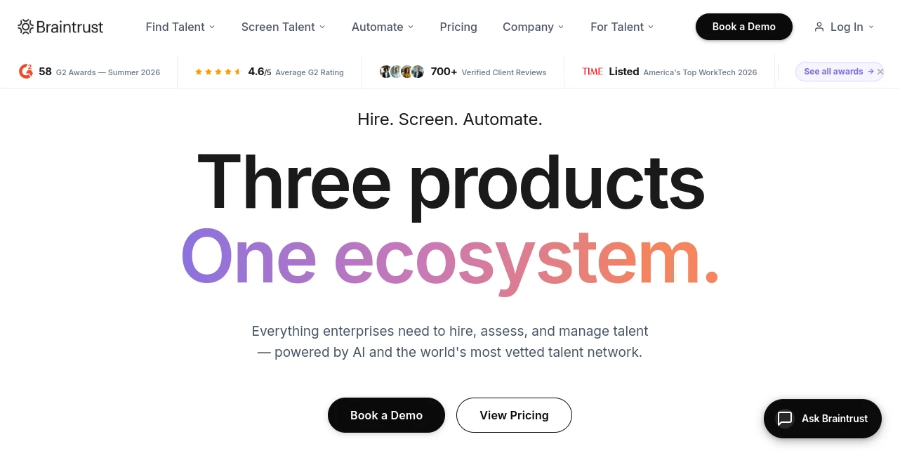 Screenshot of Braintrust – An AI tool in the ,AI Business Ideas Generator ,AI Consulting Assistant ,AI Sales Assistant ,AI Recruiting  category, showcasing its interface and key features.