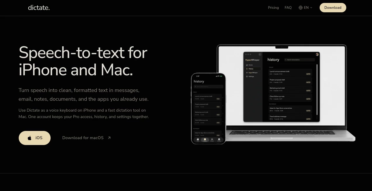 Screenshot of Dictate – An AI tool in the ,AI Speech Recognition ,AI Transcription ,AI Speech to Text  category, showcasing its interface and key features.