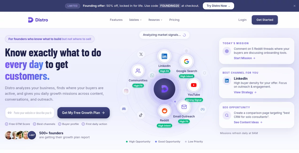 Screenshot of Distro – An AI tool in the ,AI Lead Generation ,AI Marketing Plan Generator ,AI Social Media Assistant ,AI Business Ideas Generator  category, showcasing its interface and key features.