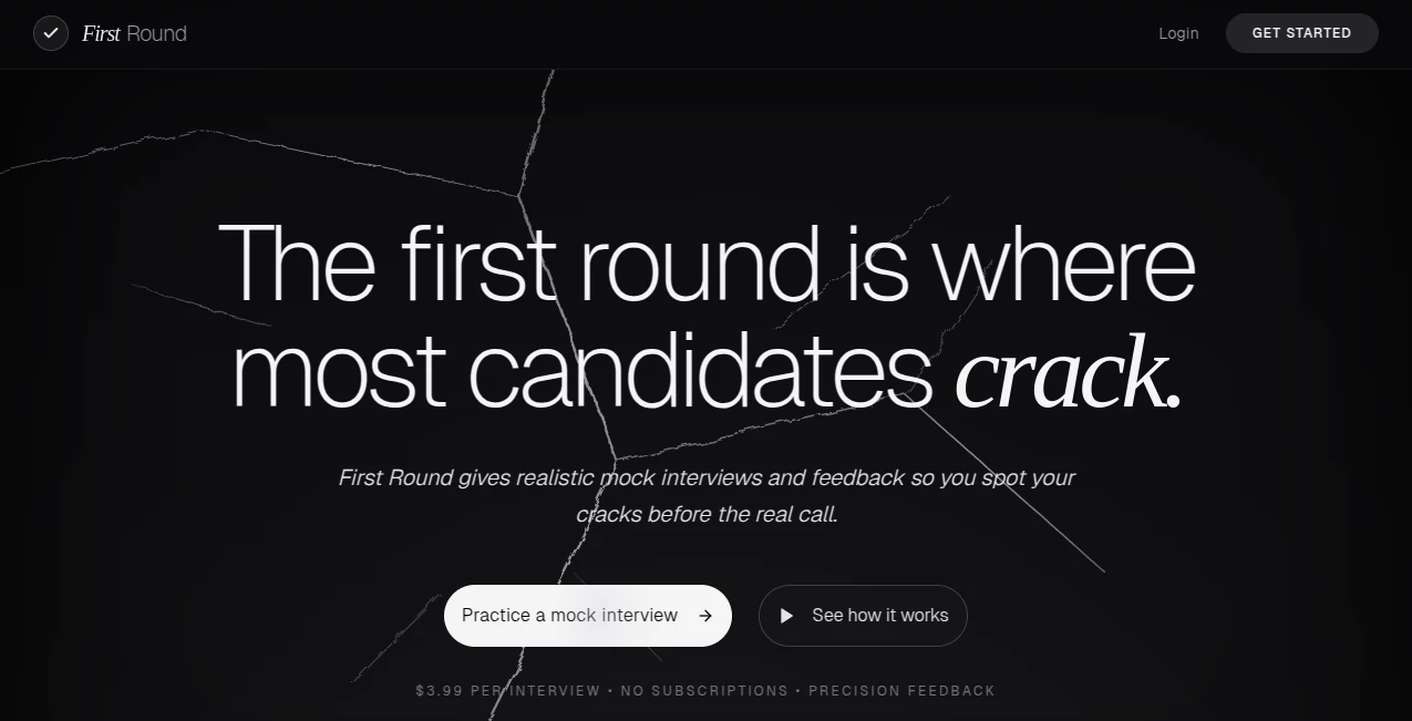 Screenshot of First Round – An AI tool in the ,AI Interview Assistant ,AI Recruiting ,AI Coaching ,AI Education Assistant  category, showcasing its interface and key features.