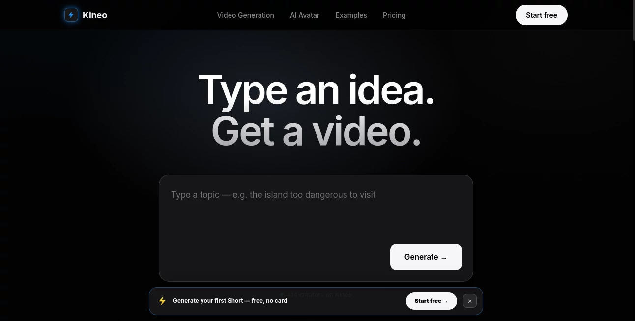 Screenshot of Kineo – An AI tool in the ,AI Text to Video ,AI Video Generator ,AI Short Clips Generator ,AI Marketing Plan Generator  category, showcasing its interface and key features.