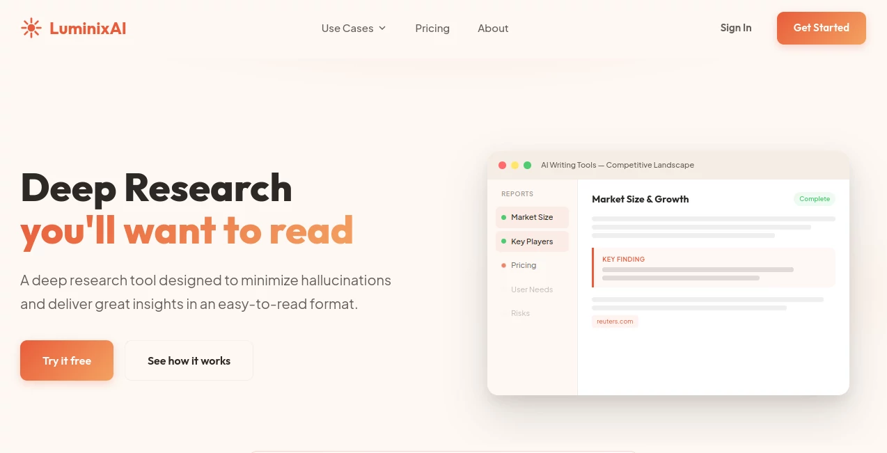 Screenshot of LuminixAI – An AI tool in the ,AI Content Generator ,AI SEO Assistant ,AI Productivity Tools ,Marketing  category, showcasing its interface and key features.