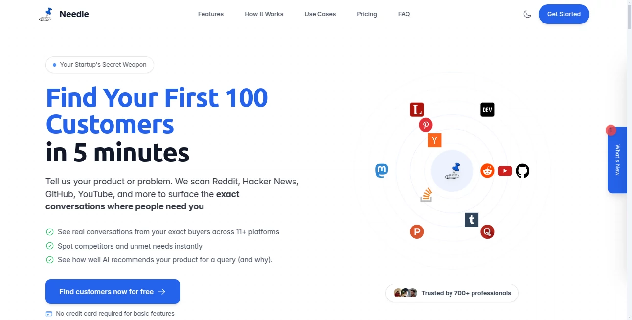 Screenshot of Needle – An AI tool in the ,AI Lead Generation ,AI Marketing Plan Generator ,AI Research Tool ,AI Business Ideas Generator  category, showcasing its interface and key features.