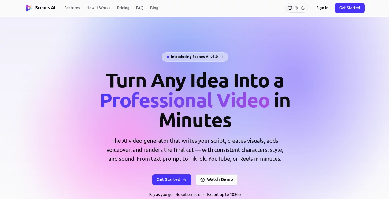 Screenshot of Scenes AI – An AI tool in the ,AI Video Editor ,AI Text to Video ,AI UGC Video Generator ,AI Video Generator  category, showcasing its interface and key features.