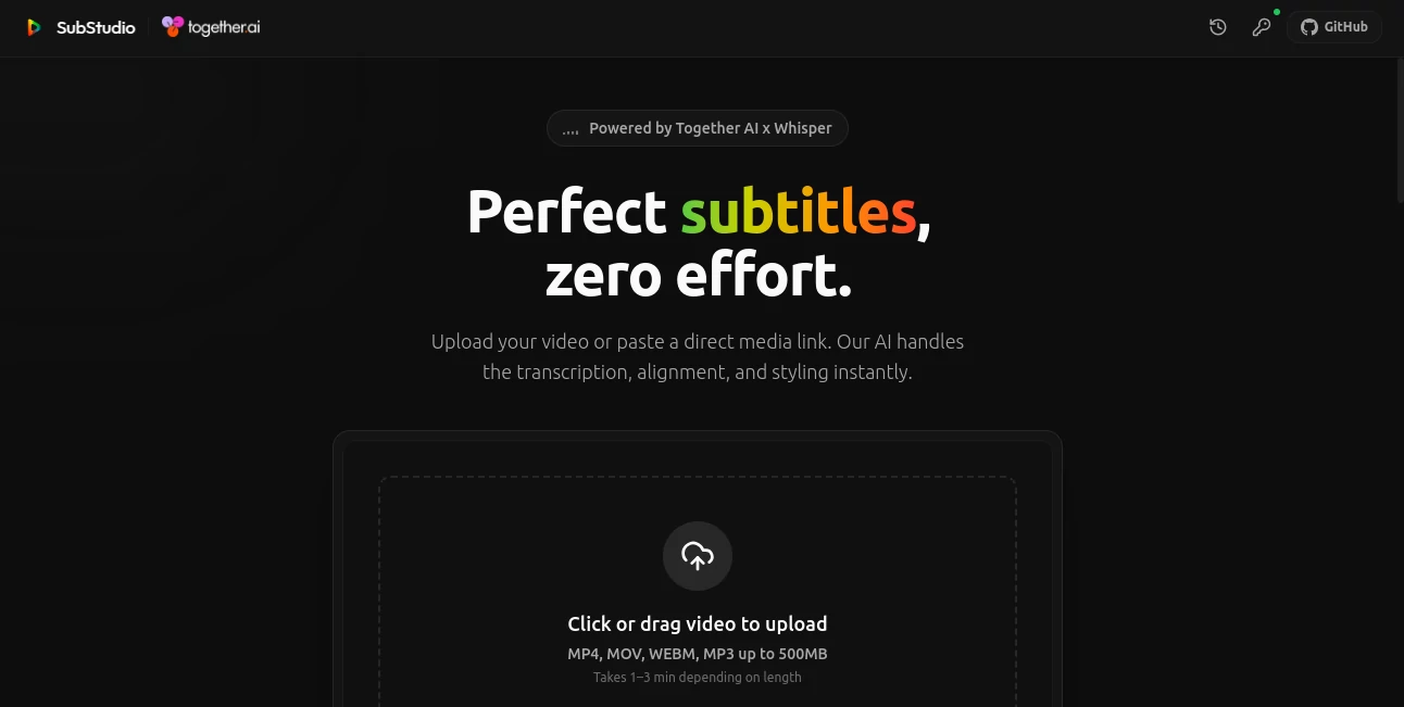 Screenshot of SubStudio – An AI tool in the ,AI Video Editor ,AI Transcription ,AI Speech to Text ,AI Captions or Subtitle  category, showcasing its interface and key features.