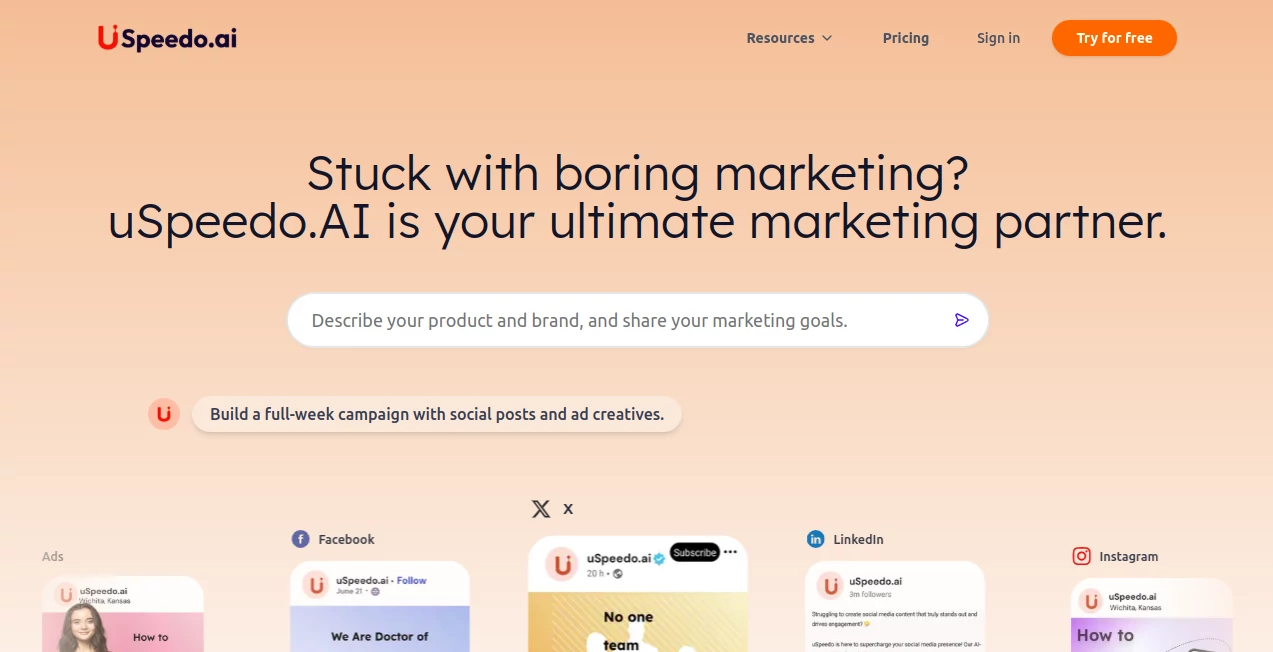 Screenshot of uSpeedo.AI – An AI tool in the ,AI Content Generator ,AI Social Media Assistant ,AI Ad Generator ,AI Digital Marketing Generator  category, showcasing its interface and key features.