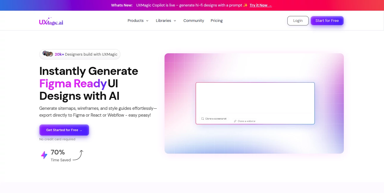 Screenshot of UXMagic AI – An AI tool in the ,AI Landing Page Builder ,AI No-Code & Low-Code ,AI Design Assistant ,AI Website Designer  category, showcasing its interface and key features.
