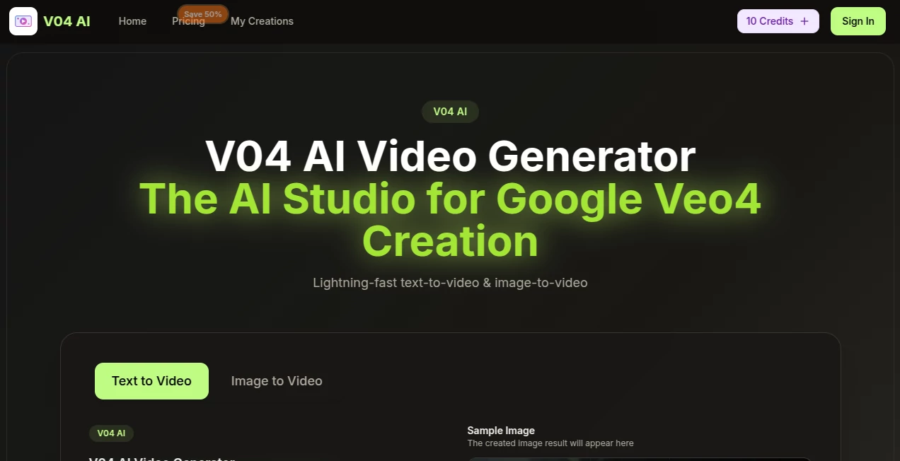Screenshot of v04 ai – An AI tool in the ,AI Animated Video ,AI Image to Video ,AI Video Generator ,AI Text to Video  category, showcasing its interface and key features.