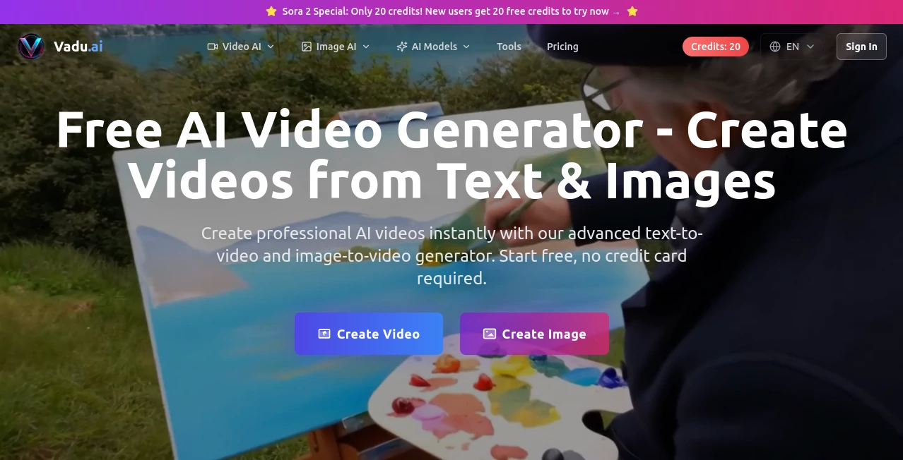 Screenshot of Vadu.ai – An AI tool in the ,AI Image to Video ,AI Video Generator ,AI Text to Video ,AI Text to Image  category, showcasing its interface and key features.