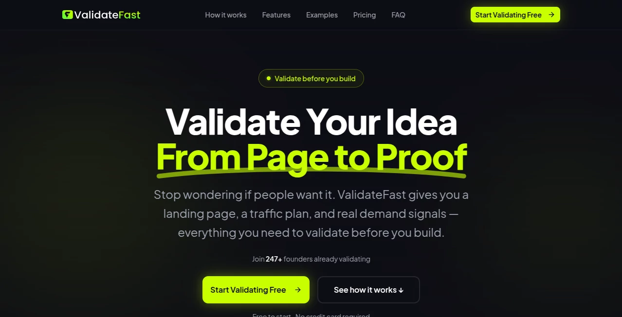 Screenshot of ValidateFast – An AI tool in the ,AI Lead Generation ,AI Marketing Plan Generator ,AI Productivity Tools  category, showcasing its interface and key features.