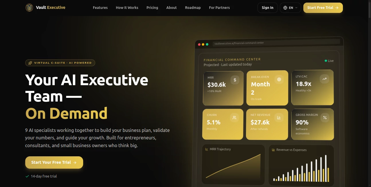 Screenshot of Vault Executive – An AI tool in the ,AI Writing Assistants ,AI Business Ideas Generator ,AI Consulting Assistant ,AI Productivity Tools  category, showcasing its interface and key features.
