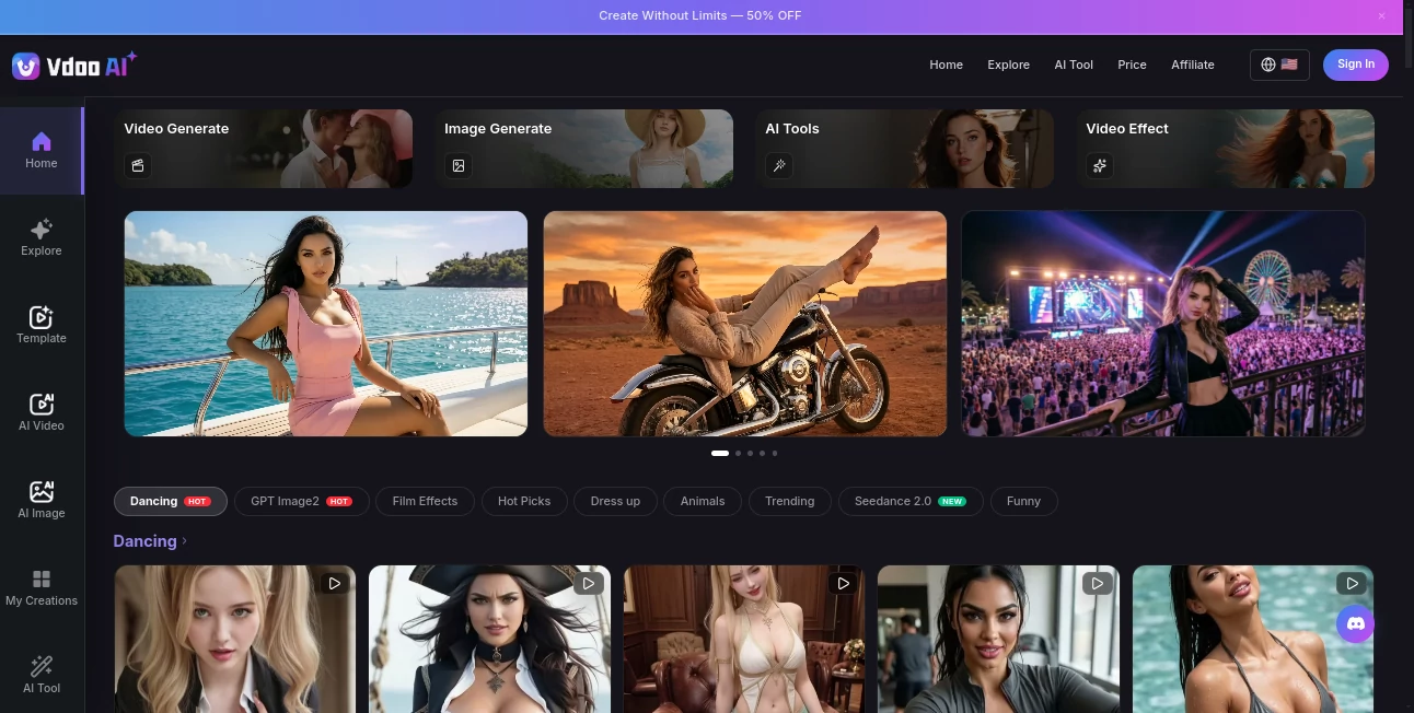 Screenshot of Vdoo – An AI tool in the ,AI Animated Video ,AI Image to Video ,AI Text to Video ,AI Video Generator  category, showcasing its interface and key features.