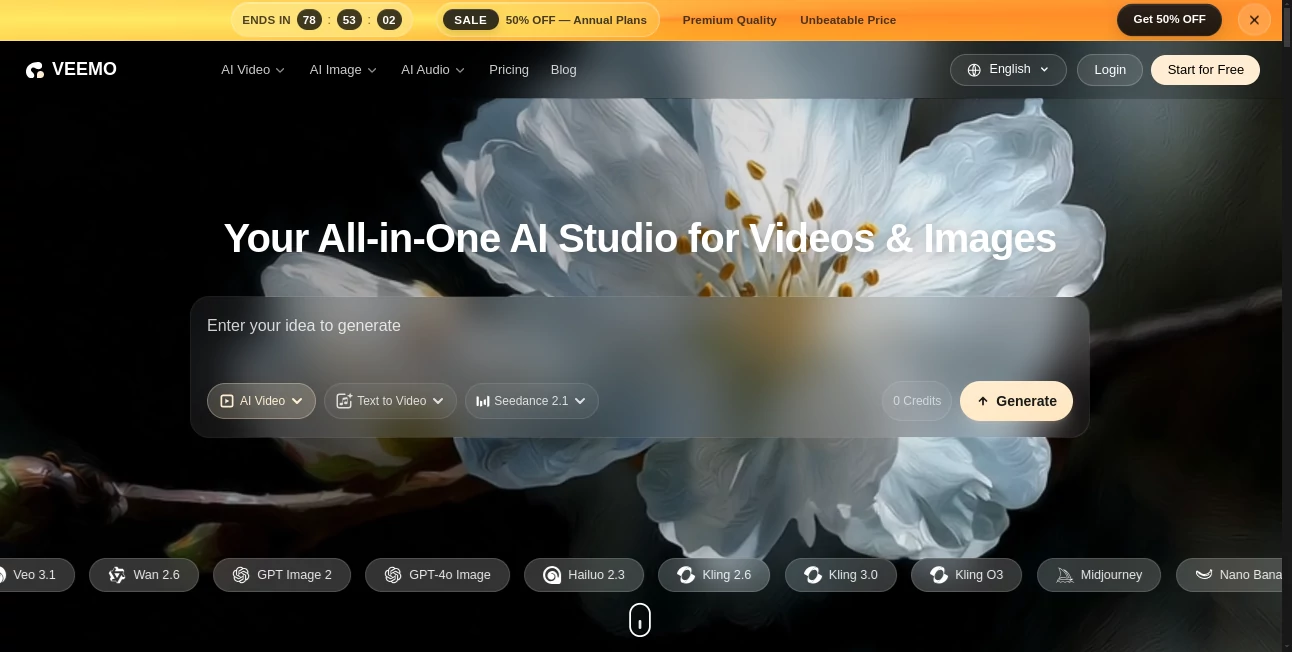 Screenshot of Veemo AI – An AI tool in the ,AI Text to Image ,AI Photo & Image Generator ,AI Image to Video ,AI Video Generator  category, showcasing its interface and key features.