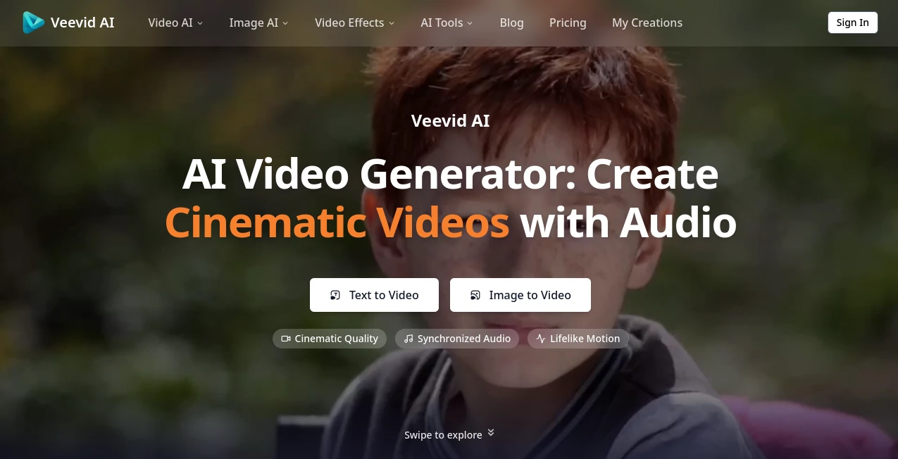 Screenshot of Veevid AI – An AI tool in the ,AI Image to Video ,AI Video Generator ,AI Video Editor ,AI Text to Video  category, showcasing its interface and key features.