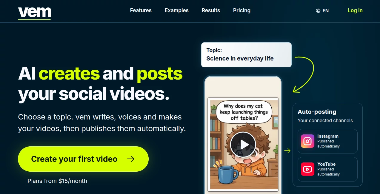 Screenshot of vem – An AI tool in the ,AI Text to Video ,AI Video Generator ,AI Short Clips Generator ,AI Social Media Assistant ,Video  category, showcasing its interface and key features.