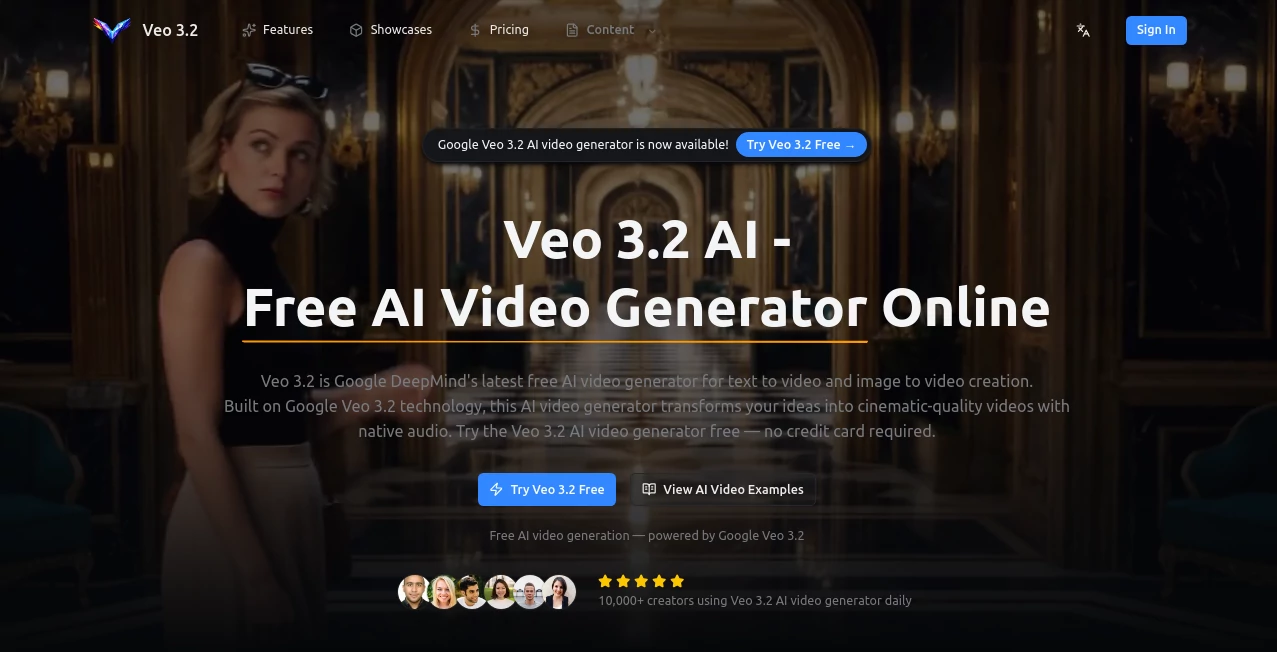 Screenshot of Veo 3.2 AI Video Generator – An AI tool in the ,AI Animated Video ,AI Image to Video ,AI Text to Video ,AI Video Generator  category, showcasing its interface and key features.