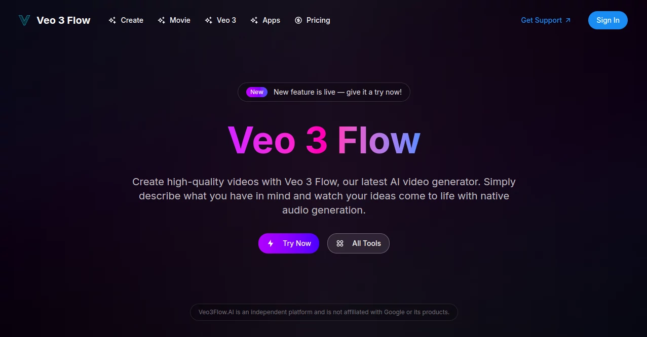 Screenshot of Veo 3 Flow – An AI tool in the ,AI Video Generator  category, showcasing its interface and key features.