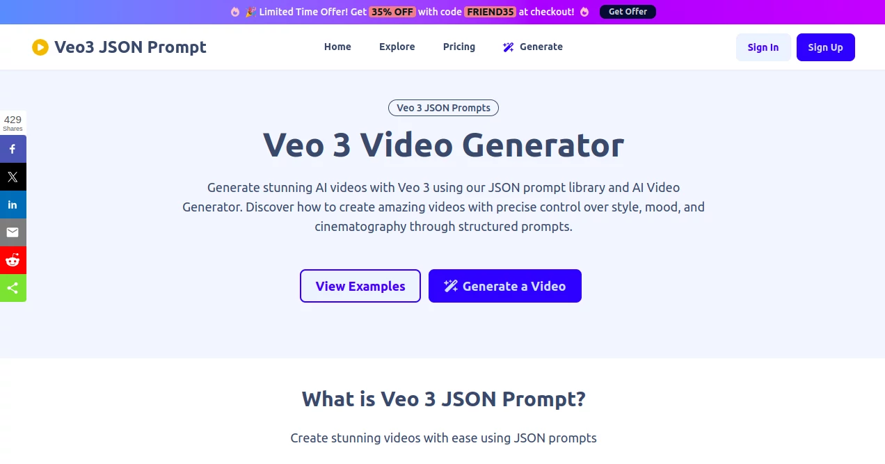 Screenshot of Veo3 JSON Prompt – An AI tool in the ,AI Animated Video ,AI Video Generator ,AI Text to Video ,Prompt  category, showcasing its interface and key features.