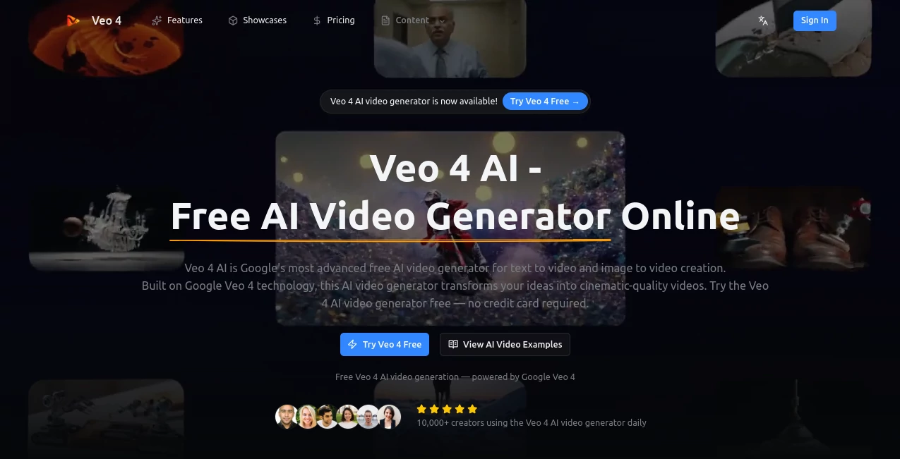Screenshot of Veo 4 AI – An AI tool in the ,AI Animated Video ,AI Image to Video ,AI Text to Video ,AI Video Generator  category, showcasing its interface and key features.