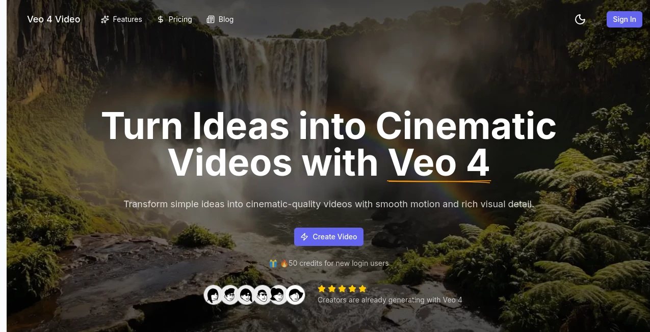 Screenshot of Veo 4 AI Video Generator – An AI tool in the ,AI Animated Video ,AI Image to Video ,AI Video Generator ,AI Text to Video  category, showcasing its interface and key features.