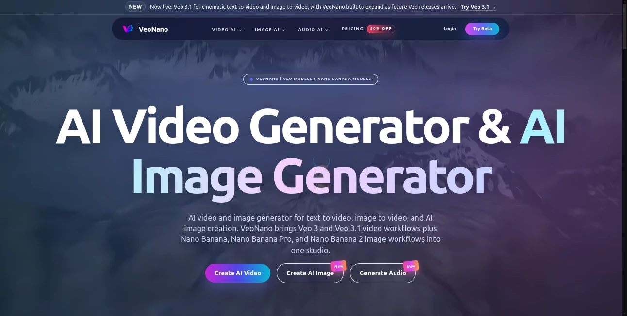 Screenshot of VeoNano – An AI tool in the ,AI Image to Video ,AI Art Generator ,AI Video Generator ,AI Text to Video  category, showcasing its interface and key features.