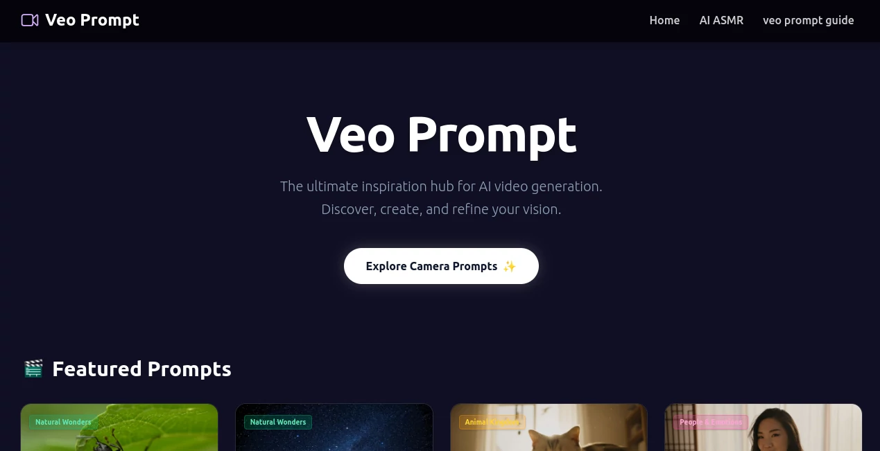 Screenshot of Veo Prompt – An AI tool in the ,Prompt ,AI Content Generator ,AI Video Generator ,AI Text to Video  category, showcasing its interface and key features.