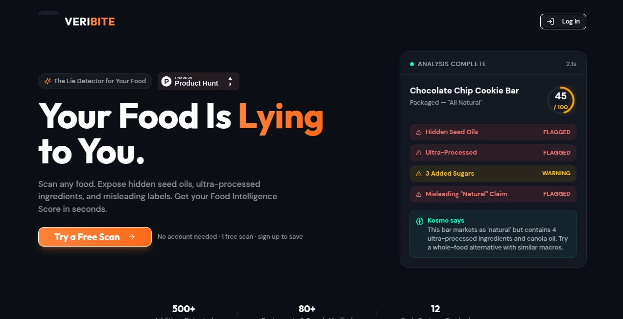 Screenshot of VeriBite – An AI tool in the ,AI Life Assistant ,AI Healthcare  category, showcasing its interface and key features.