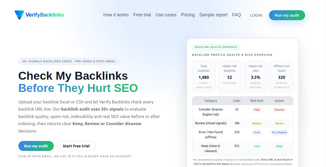 Screenshot of Verify Backlinks – An AI tool in the ,AI Research Tool ,AI Analytics Assistant ,AI SEO Assistant ,AI Productivity Tools  category, showcasing its interface and key features.