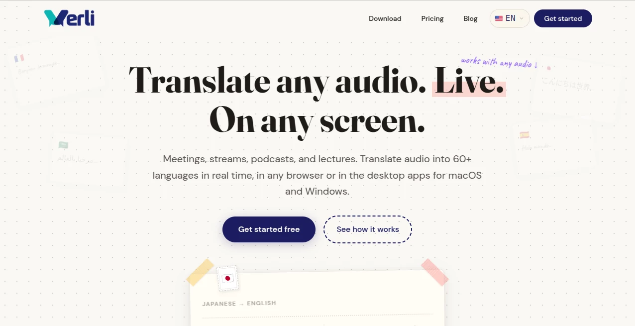 Screenshot of Verli – An AI tool in the ,AI Translate ,AI Transcription ,AI Speech Recognition ,AI Meeting Assistant  category, showcasing its interface and key features.