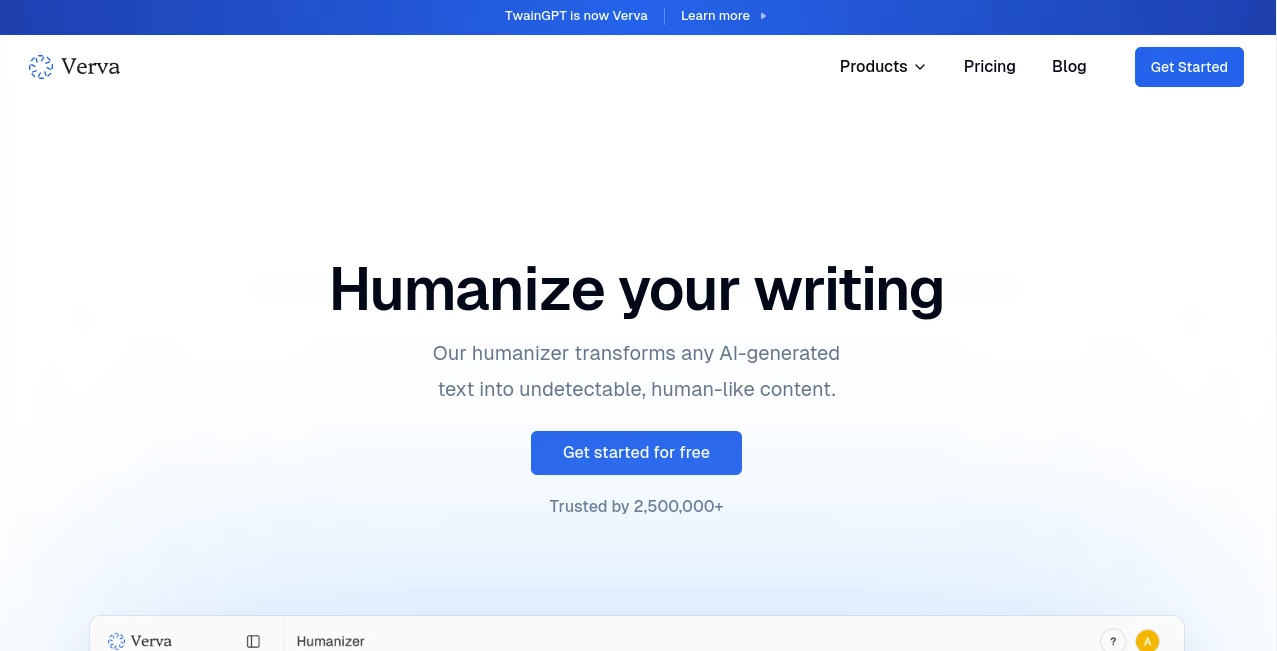 Screenshot of Verva – An AI tool in the ,AI Detector ,AI Rewriter ,AI Content Detector ,AI General Writing  category, showcasing its interface and key features.