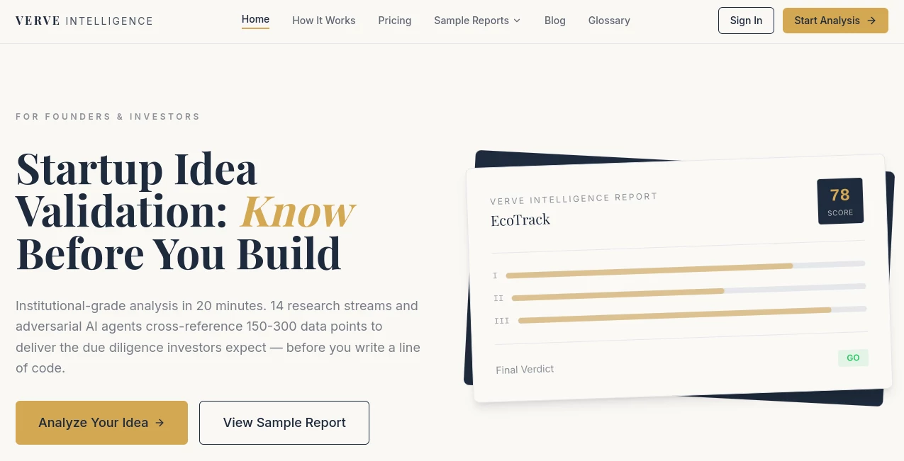 Screenshot of Verve Intelligence – An AI tool in the ,AI Productivity Tools ,AI Research Tool ,AI Business Ideas Generator ,AI Analytics Assistant  category, showcasing its interface and key features.