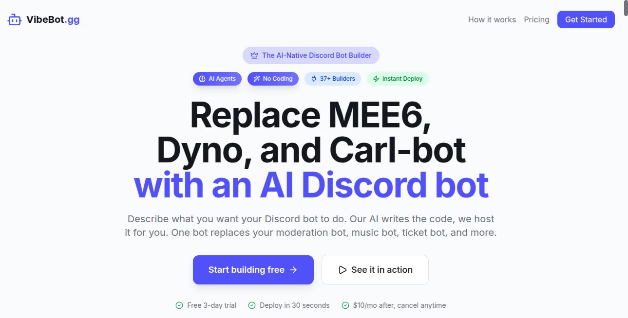 Screenshot of Vibebot.gg – An AI tool in the ,AI No-Code & Low-Code ,AI Productivity Tools ,AI Team Collaboration ,AI Chatbot  category, showcasing its interface and key features.