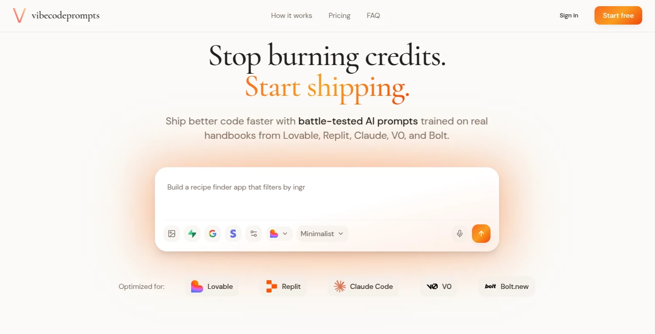 Screenshot of vibecodeprompts – An AI tool in the ,AI Code Generator ,AI Developer Tools ,AI App Builder ,Prompt  category, showcasing its interface and key features.